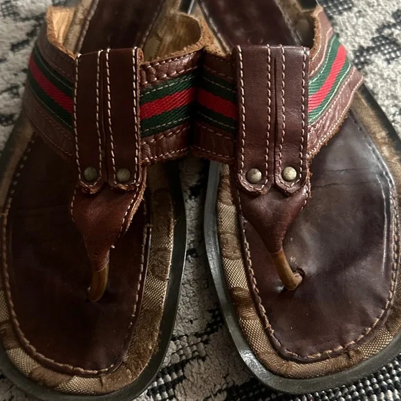 Gucci Brown Leather Sandals with Green and Red Stripes - Picture 3 of 7